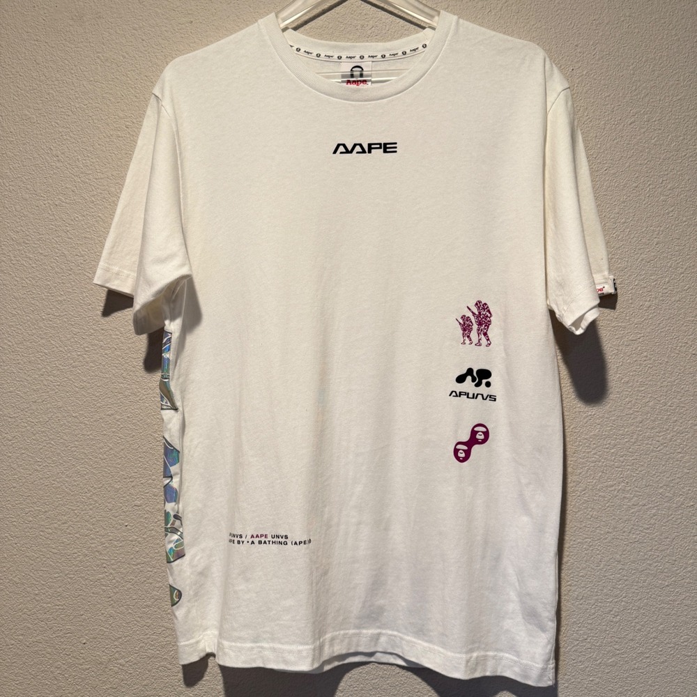 AAPE By A Bathing Ape White Graphic T-Shirt Iridescent UNVS Large Streetwear Tee